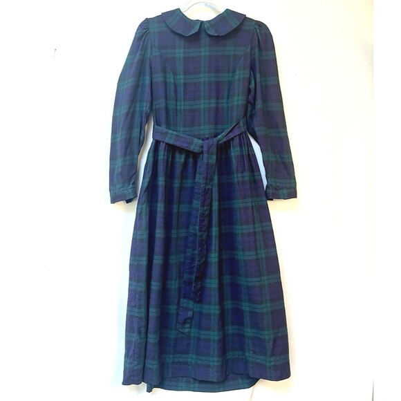 VTG Laura Ashley Check Plaid Wool Blend Midi Blue Green Dress US 10 Farmcore - Picture 1 of 10